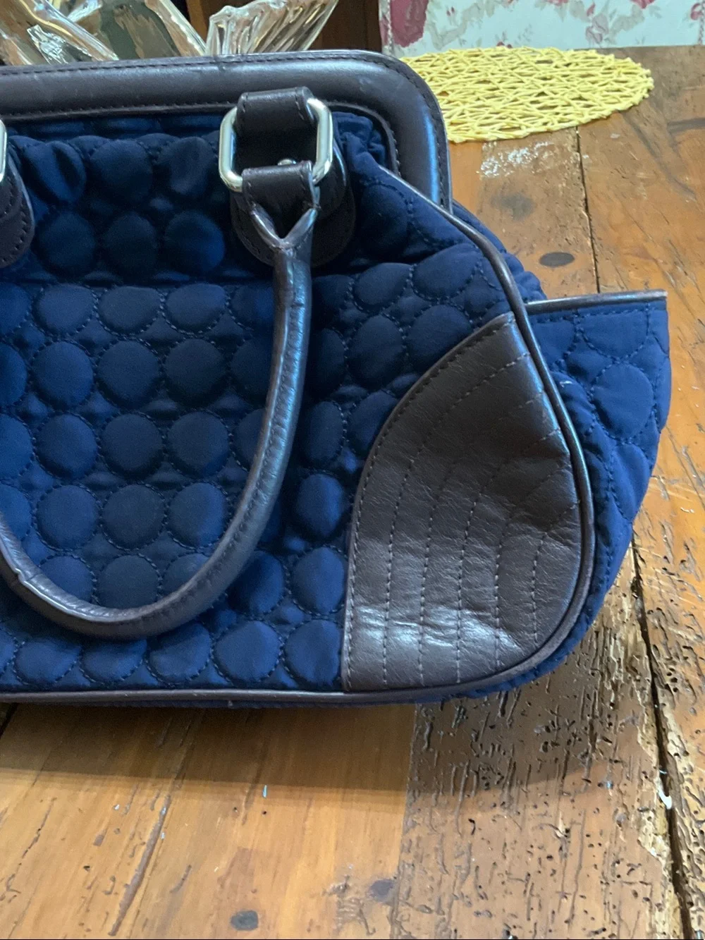Vera Bradley Navy Quilted Satchel with Brown Trim and Handles